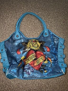 Ed Hardy y2k Blue Sequin Heart-and-Rose Shoulder Bag Purse
